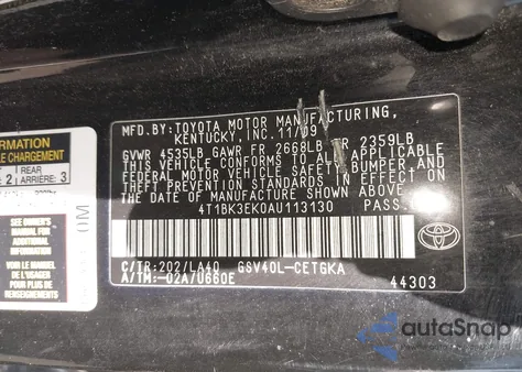 2010 Toyota Camry Xle V6 из США, поврежденный, VIN 4T1BK3EK0AU113130